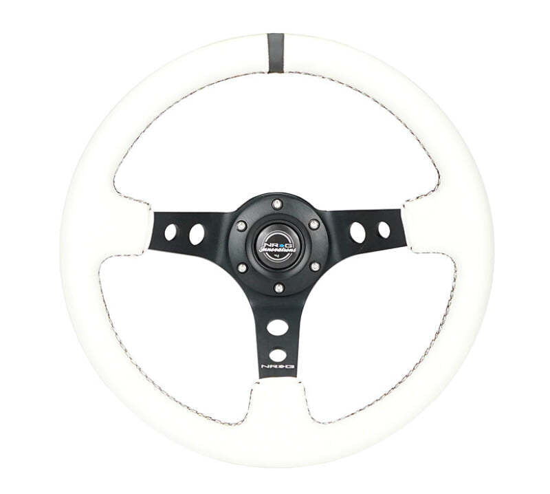 NRG Reinforced Steering Wheel (350mm/3in. Deep) White Leather w/Blk Spoke/Round Holes/White Stripes - RST-006BK-WT-B - close-up view 2 3 4 5 6
