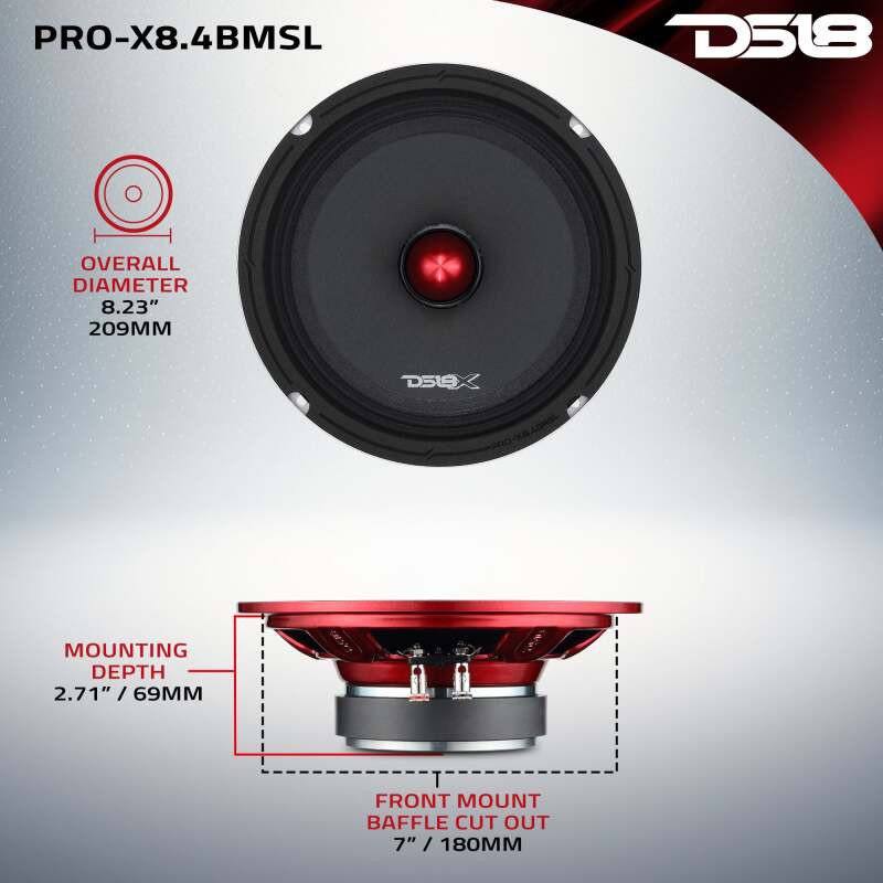 DS18 8in 250 Watts RMS 4ohm Mid-Range Bullet Shallow - PRO-X8.4BMSL - side view