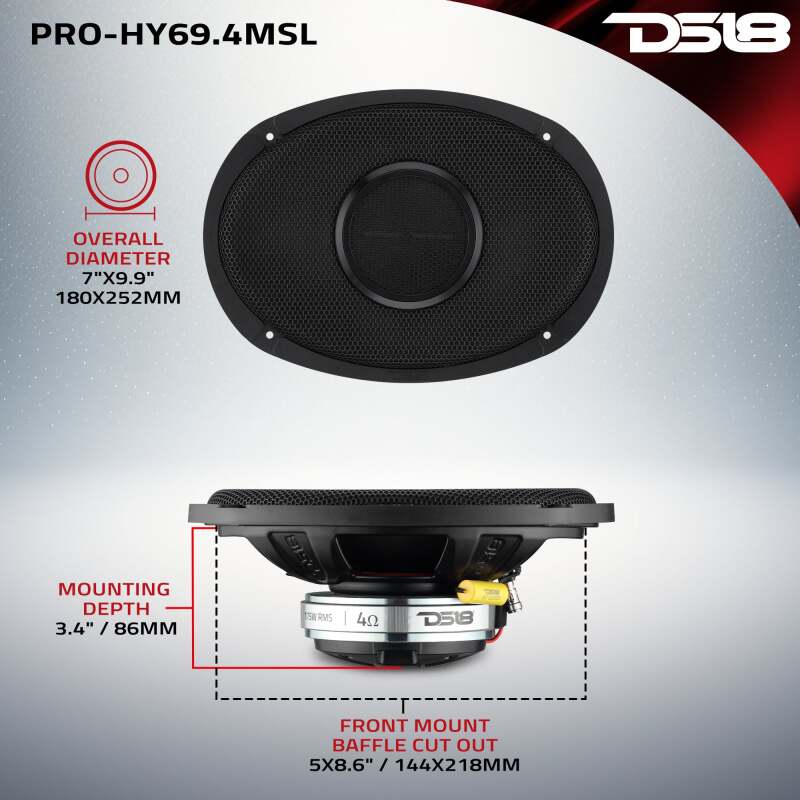 DS18 6x9 175 Watts RMS 4ohm Mid-Range Shallow Grill Included - PRO-HY69.4MSL - additional view 3