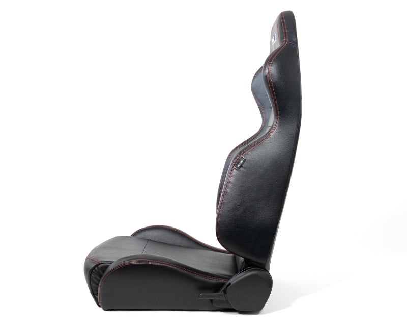 NRG Reclinable Racing Seats (Pair) Black Leather w/NRG Logo Red Stitch - RSC-208-1L/R - close-up view 2 3