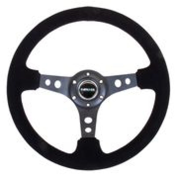NRG Reinforced Steering Wheel (350mm / 3in. Deep) Blk Suede/Blk Stitch w/Black Circle Cutout Spokes - RST-006-S - front view