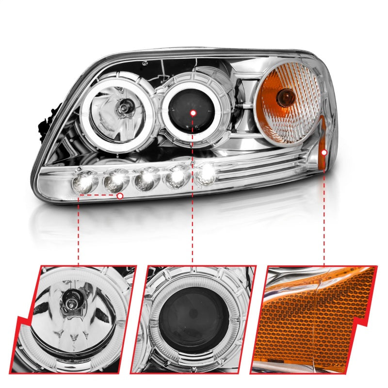 ANZO 1997.5-2003 Ford F-150 Projector Headlights w/ Halo and LED Chrome 1pc - 111032