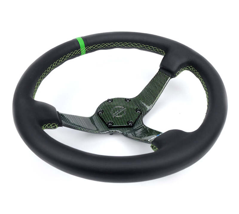 NRG Reinforced Steering Wheel (350mm) Green Carbon Fiber Center - Green Stitching & Center Mark - RST-036CF-GN - close-up view 2