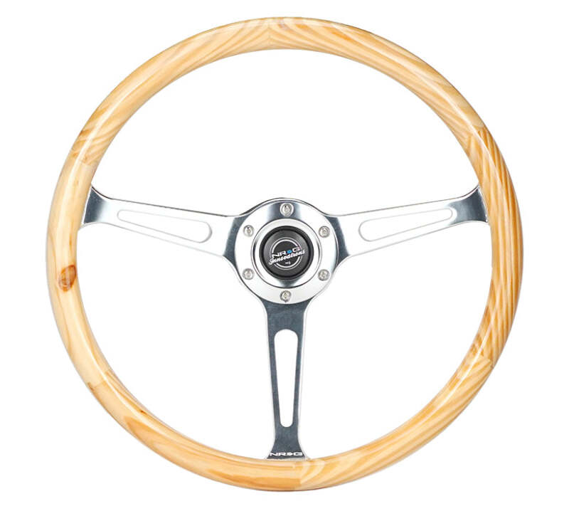 NRG Reinforced Steering Wheel (380mm) Light Wood Grain w/3-Spoke Center Shinny Chrome - RST-380RG - front view