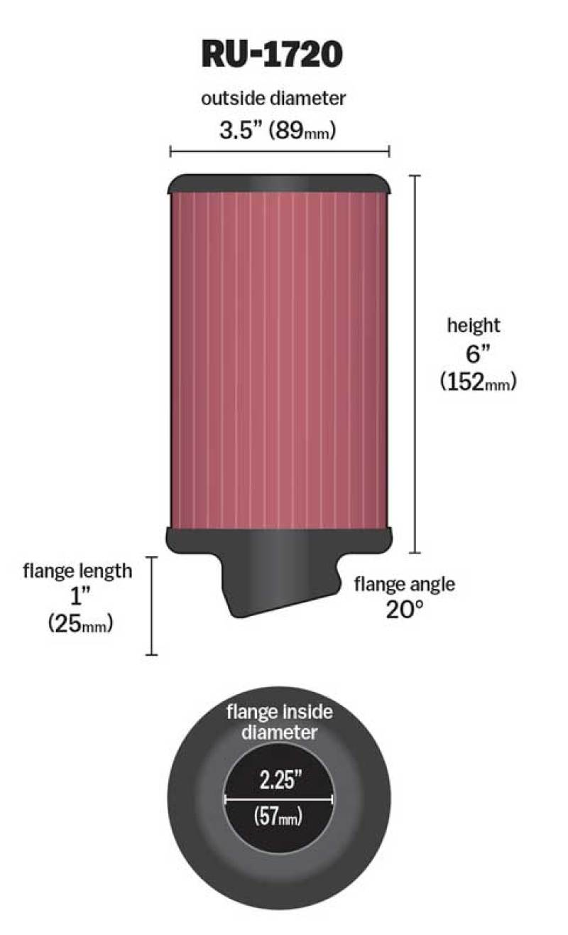 K&amp;N Filter Universal Rubber Round Air Filter 20 Deg Flange Angle 2.25in Flange ID x 3.5in OD x 6in H - RU-1720