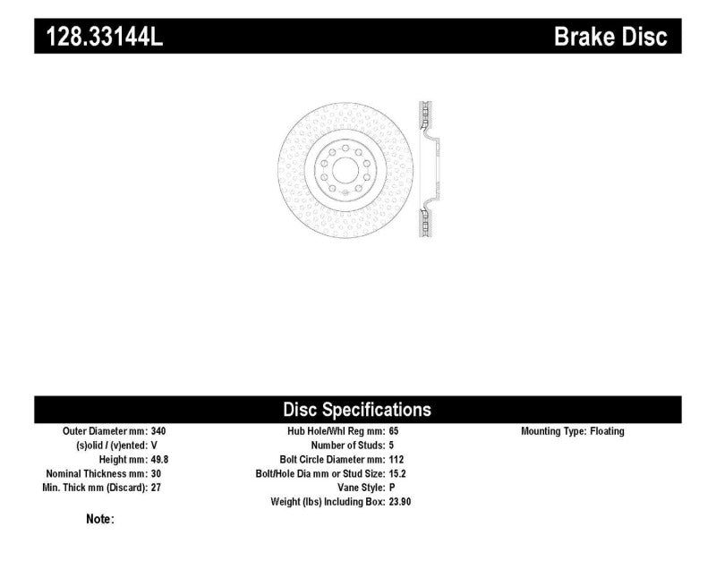 StopTech Drilled Sport Brake Rotor - 128.33144L