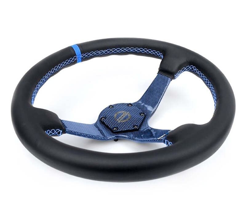 NRG Reinforced Steering Wheel (350mm) Blue Carbon Fiber Center - Blue Stitching & Center Mark - RST-036CF-BL - close-up view