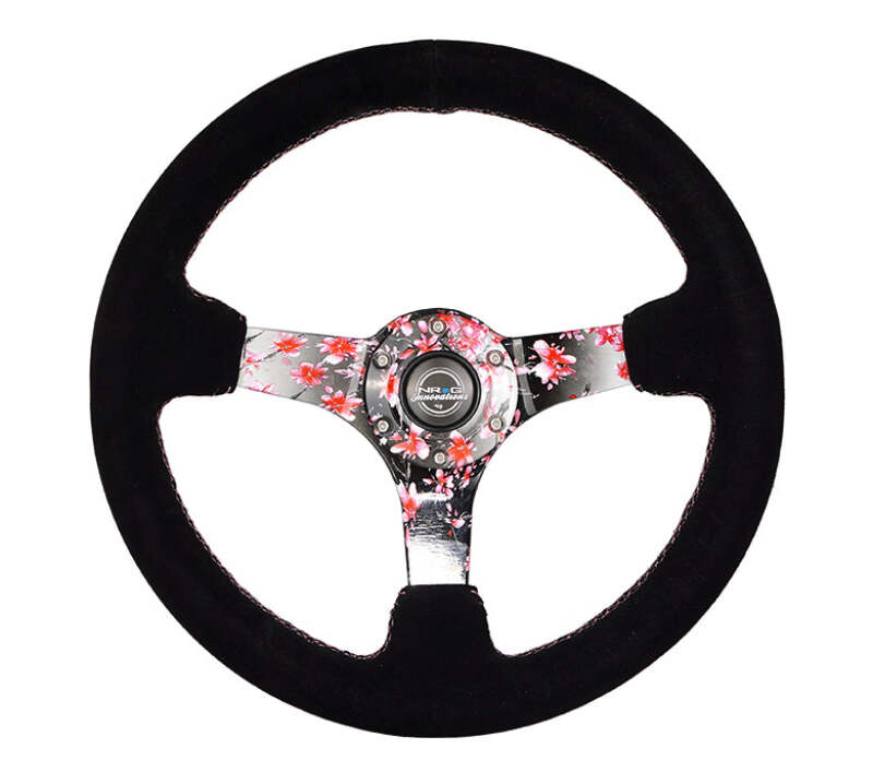 NRG Reinforced Steering Wheel (350mm) 3in Deep Pink Sakura Floral Solid Spoke - Black Suede/Stitch - RST-036SAK-S - front view