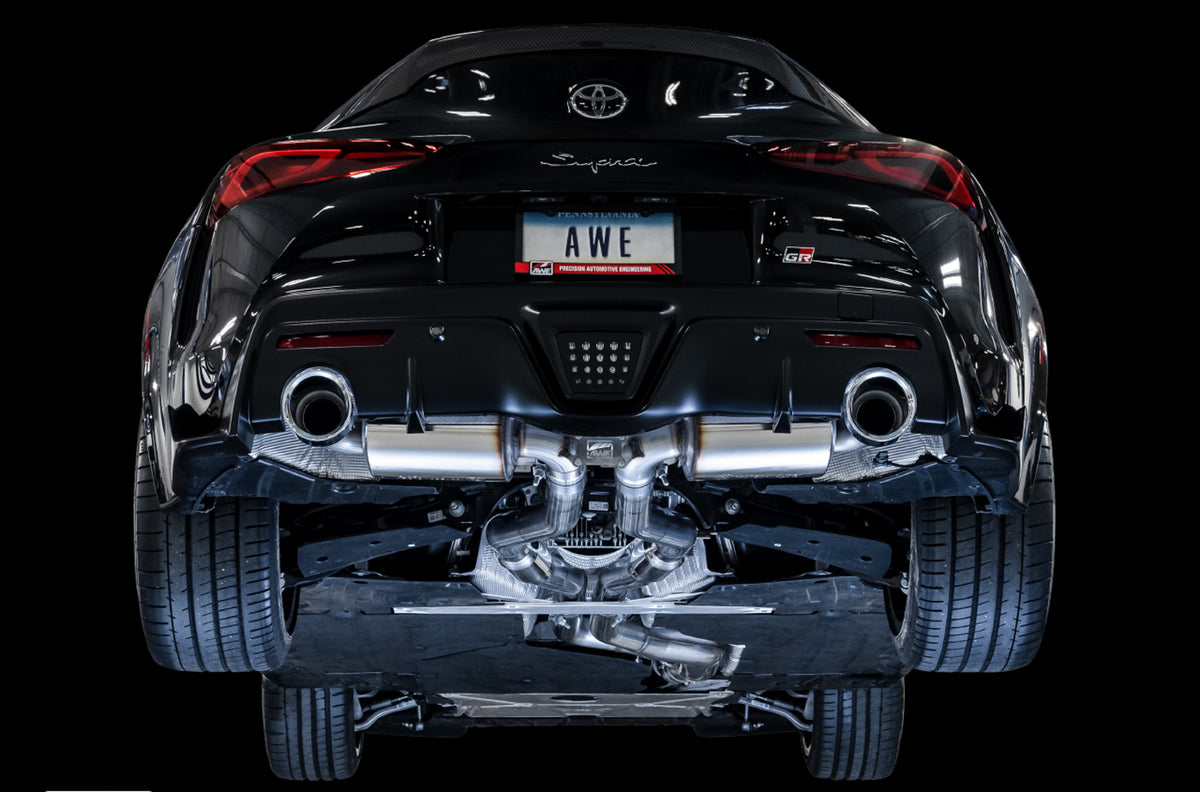 AWE 2020 Toyota Supra A90 Resonated Touring Edition Exhaust - 5in Chrome Silver Tips - 3015-32118