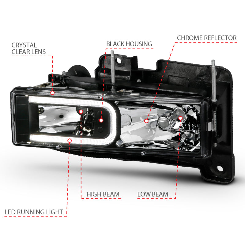 ANZO 1999-2000 Cadillac Escalade Crystal Headlights Light Bar Black Housing (Pair) - 111498