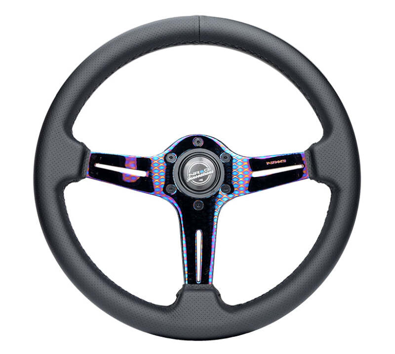 NRG Light Weight Gaming Steering Wheel - 350mm 3 NeoChrome Silver Spokes Perforated Leather - ST-018MC-PR - front view