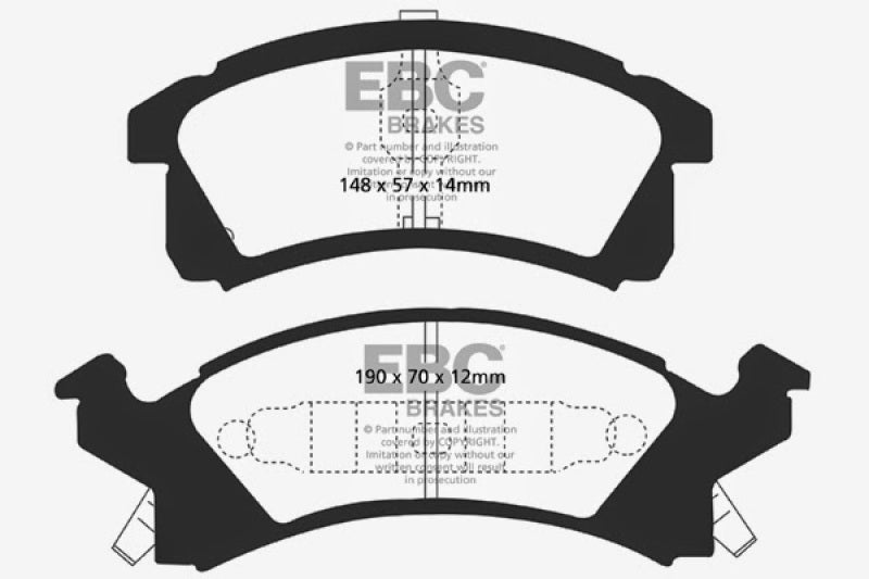 EBC 91-95 Buick Skylark 2.3 Ultimax2 Front Brake Pads - UD506 for 1991-1995 Buick Skylark - installed view