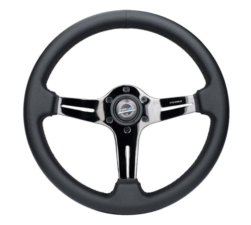 NRG Light Weight Gaming Steering Wheel - 350mm 3 Black Chrome Silver Spokes Perforated Leather - ST-018BC-PR - front view