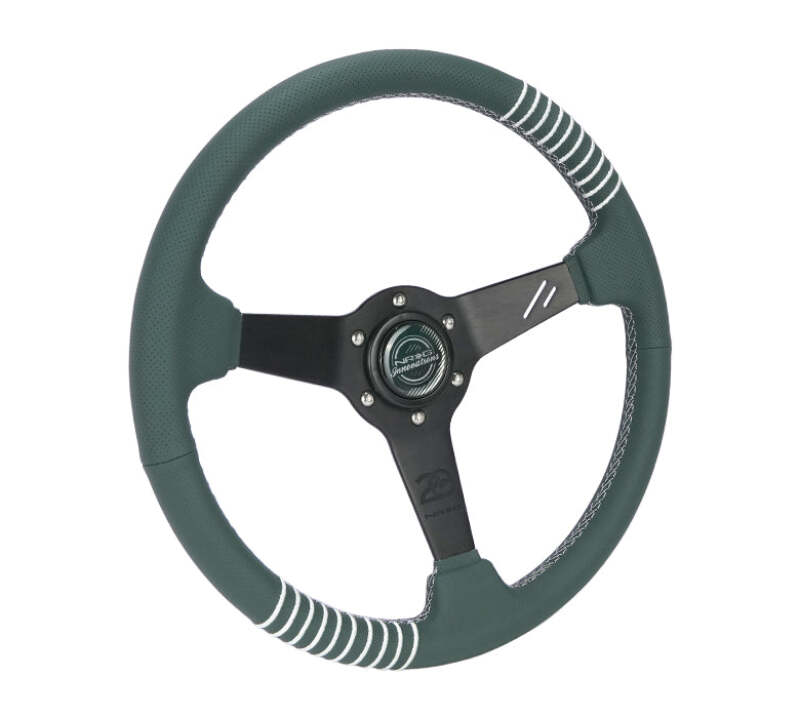 NRG Steering Wheel 1.5in Dish 350mm Black Perforated Leather - Emerald Stitching - Reinforced Spoke - RST-037MB-B-20 - close-up view 2 3 4 5 6