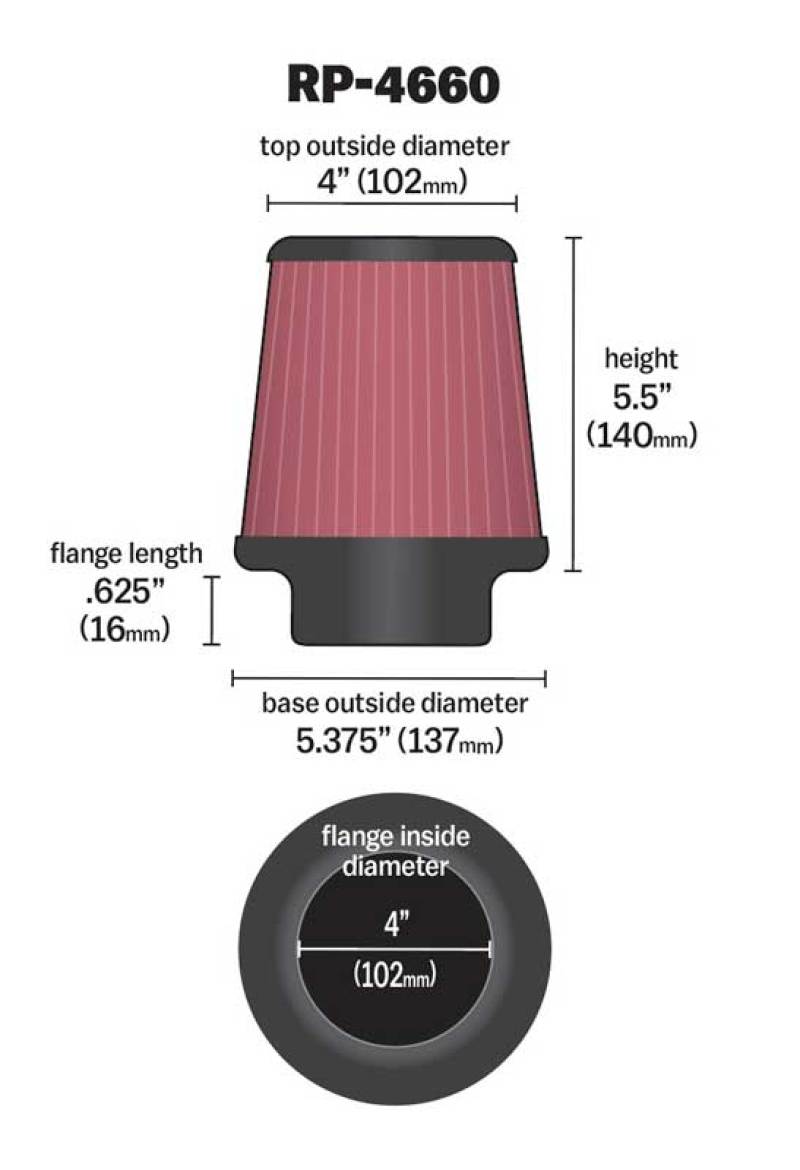 K&amp;N Universal Air Filter - Round Tapered 4in Flange ID / 5.375in Base OD / 4in Top OD / 5.5in H - RP-4660