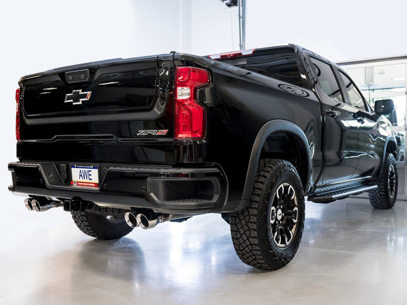 AWE Tuning 22-23 GMC Sierra 1500 AT4X 6.2L 0FG Catback Split Dual (Flat Bumper) - Chrome Silver Tips - 3015-42284