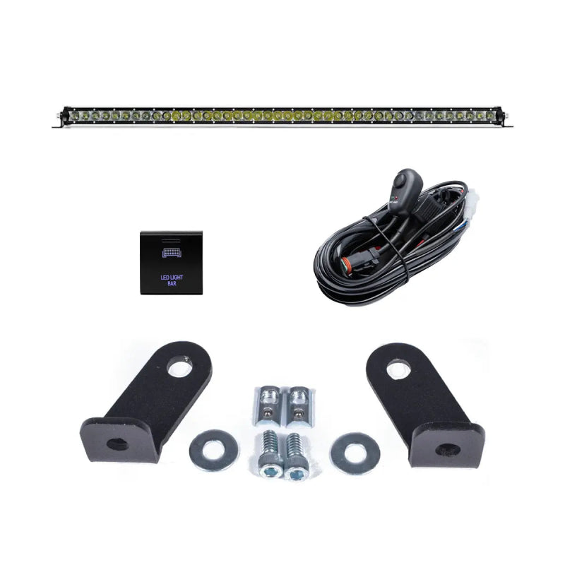Cali Raised 40in Cutout Prinsu Roof Rack 42in Amber Led Light & Brckt Kit w/ Sq. Blue Backlit Swtch - CR4263 - angle view