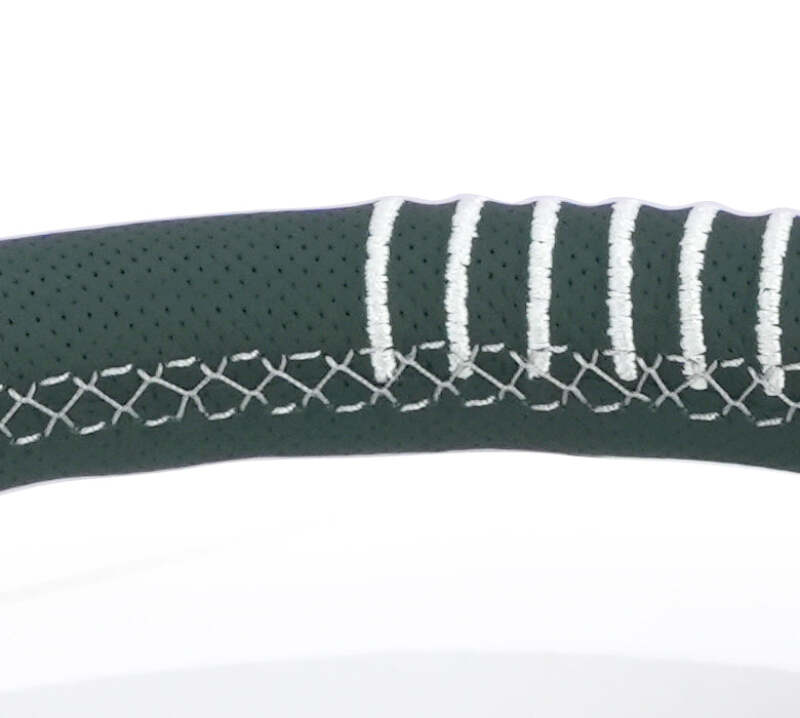 NRG Steering Wheel 1.5in Dish 350mm Black Perforated Leather - Emerald Stitching - Reinforced Spoke - RST-037MB-B-20 - close-up view 2 3 4 5 6 7