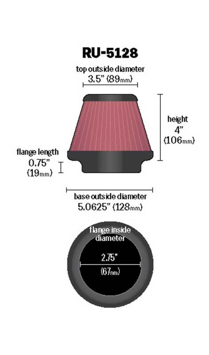K&amp;N Universal Tapered Filter 2.75in Flange ID x 5.0625in Base OD x 3.5in Top OD x 4in Height - RU-5128