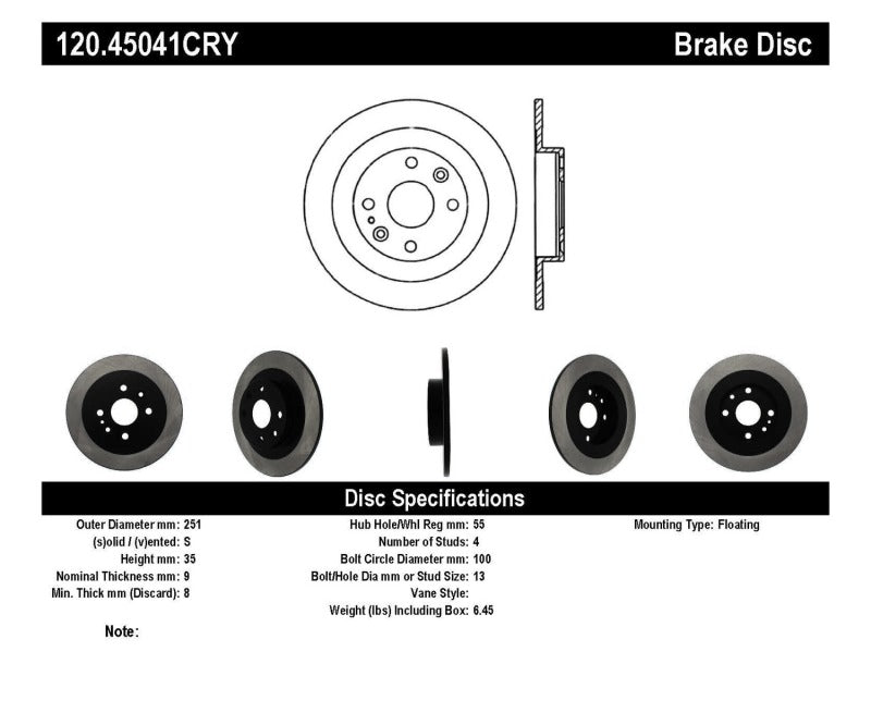 Centric 94-05 Mazda Miata MX-5/92-95 MX-3 (Normal Suspension) Rear Premium Brake Cryo Rotor - 120.45041CRY