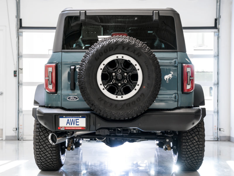 AWE Tuning 2021+ Ford Bronco 0FG Single Rear Exit Exhaust w/Chrome Silver Tip &amp; Bash Guard - 3015-22789