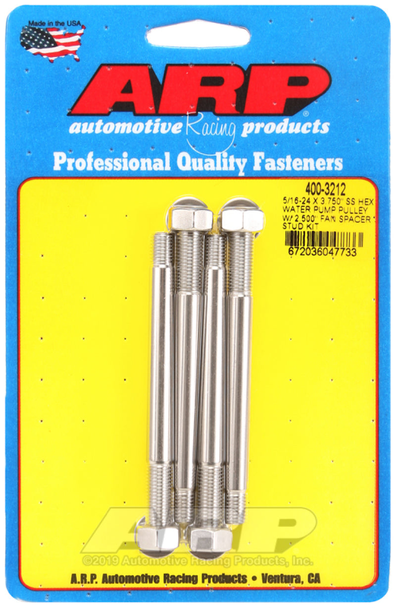 ARP 5/16-24 X 3.750 SS Hex Water Pump Pulley w/ 2.500in Fan Spacer Stud Kit - 400-3212