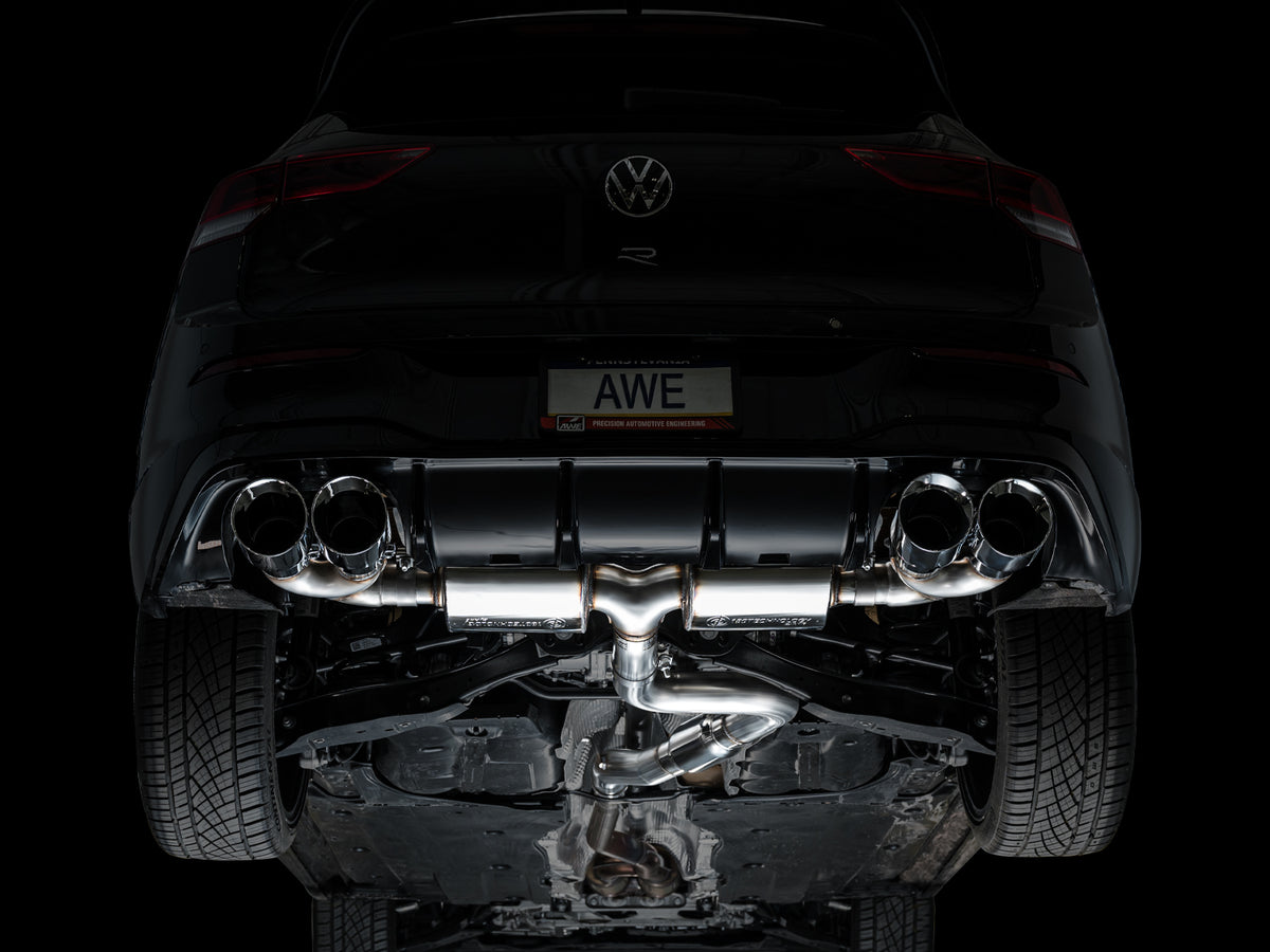 AWE MK8 Volkswagen Golf R 3in Touring Edition Quad Exhaust - Chrome Silver Tips - 3015-42658