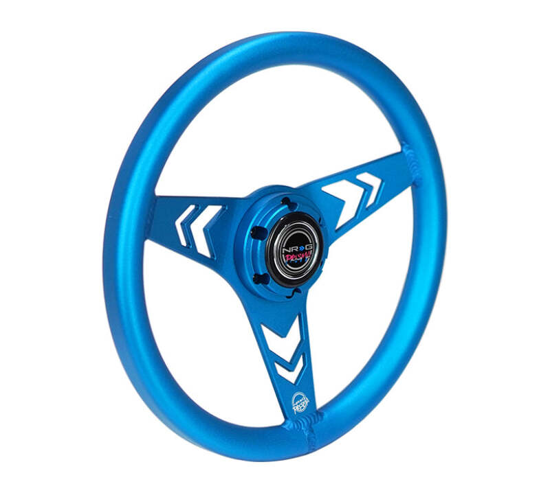 NRG Aluminum Steering Wheel 330mm - Arow Cutout - Ergonomic Grip - Anadized Blue - RST-070-BL - close-up view