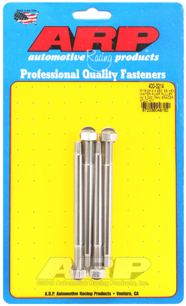 ARP 5/16-24 X 4.250 SS Hex Water Pump Pulley w/ 3.000in Fan Spacer Stud Kit - 400-3214 by ARP