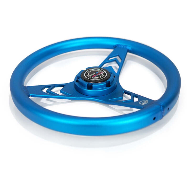 NRG Aluminum Steering Wheel 330mm - Arow Cutout - Ergonomic Grip - Anadized Blue - RST-070-BL - close-up view 2