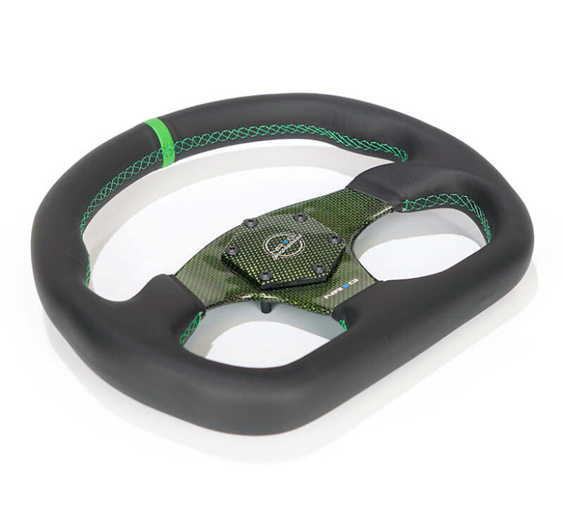 NRG Carbon Fiber Flat Bottom Steering Wheel (320mm) Green CF Center w/Green Stitch/Center Mark - RST-024CF/GN - close-up view 2 3
