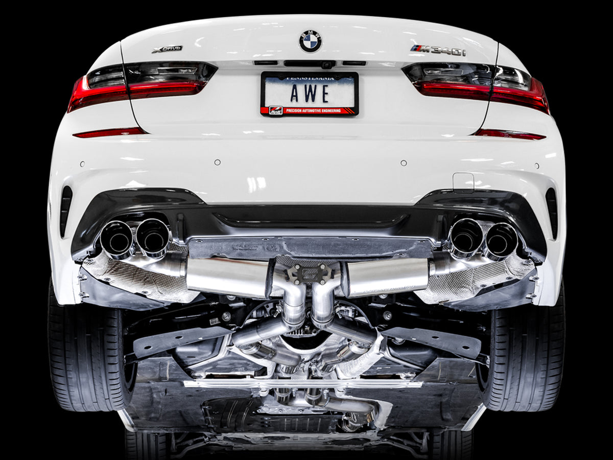 AWE Tuning 2019+ BMW M340i (G20) Resonated Touring Edition Exhaust - Quad Chrome Silver Tips - 3015-42150