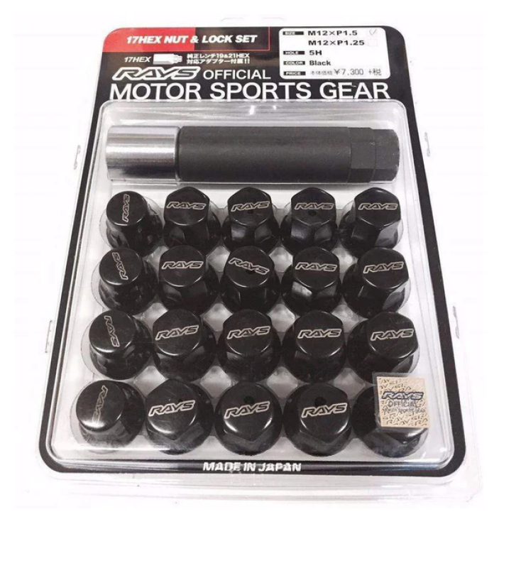 Rays M12x1.25 5 holes 16pcs nut, 4pcs Lock nut, 1 adapter &amp; 1 lock nut key - Black - W1712125B