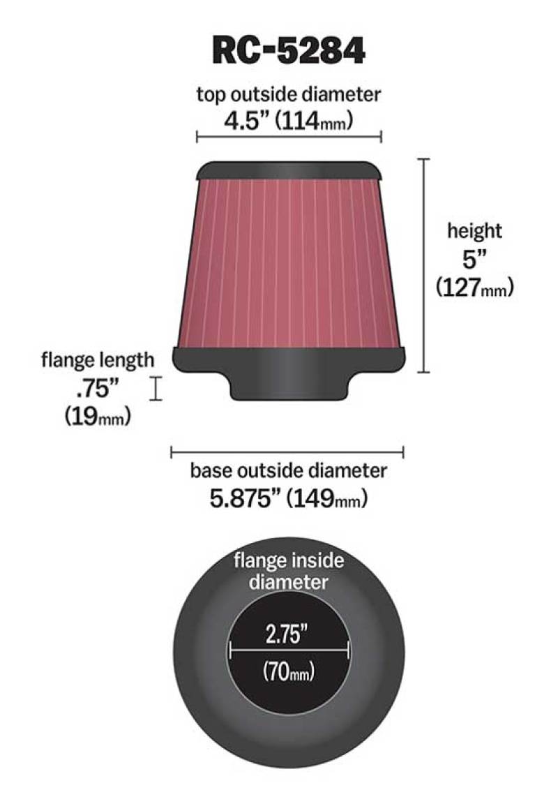 K&amp;N Universal Clamp-On Air Filter 2-3/4in FLG / 5-7/8in B / 4-1/2in T / 5in H - RC-5284