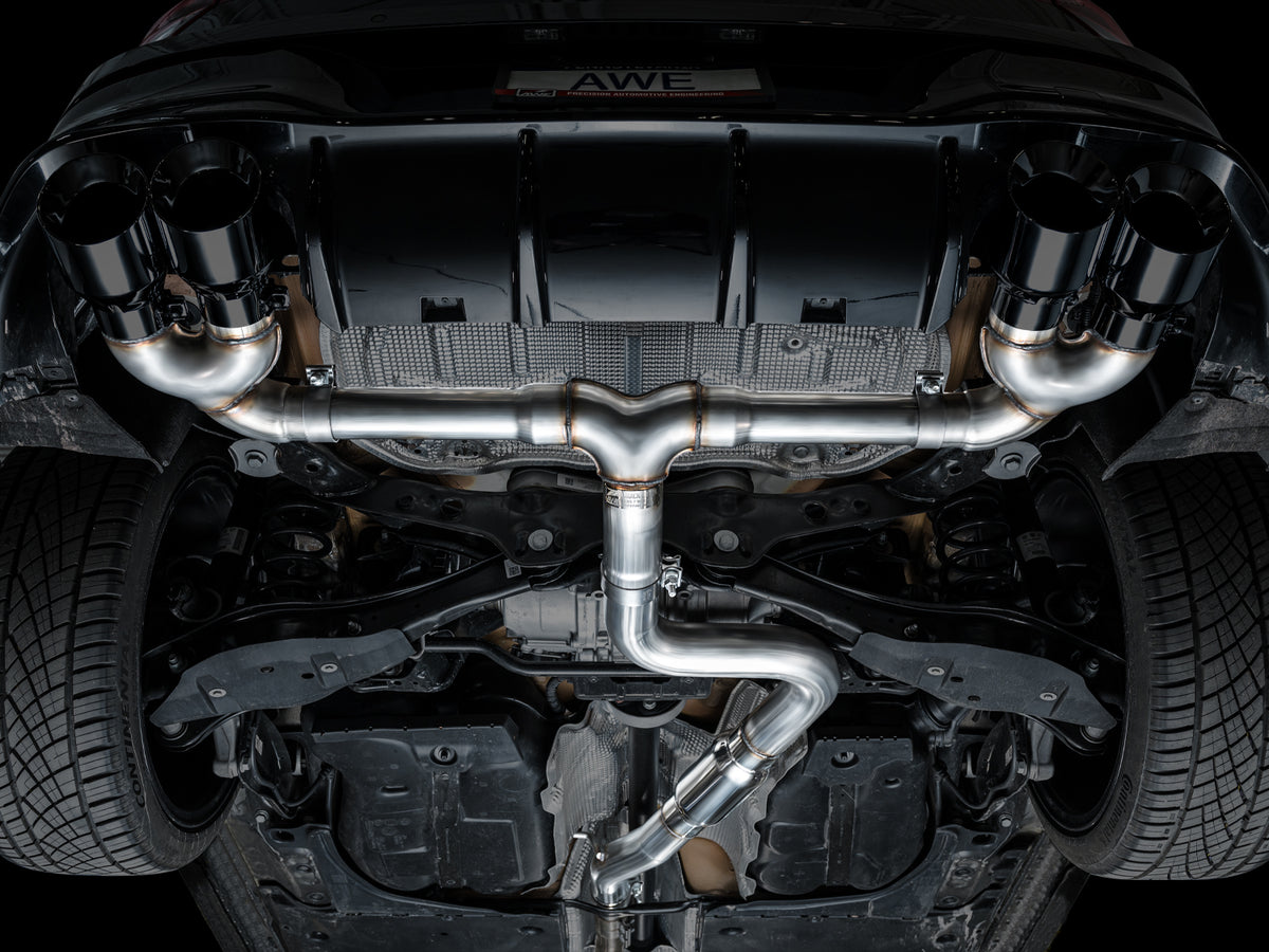 AWE MK8 Volkswagen Golf R 3in Track Edition Quad Exhaust - Diamond Black Tips - 3020-43658