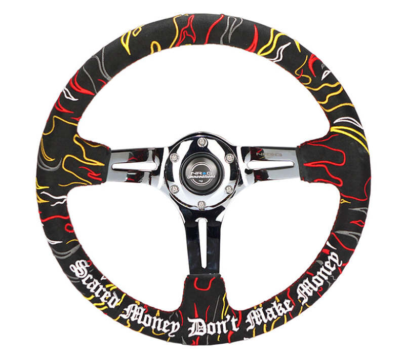 NRG Reinforced Steering Wheel R Litteral Sig 3in Deep/5mm Chrome Spoke - Blk Alcantara w/ Red Stitch - RST-018CH-RLB - front view