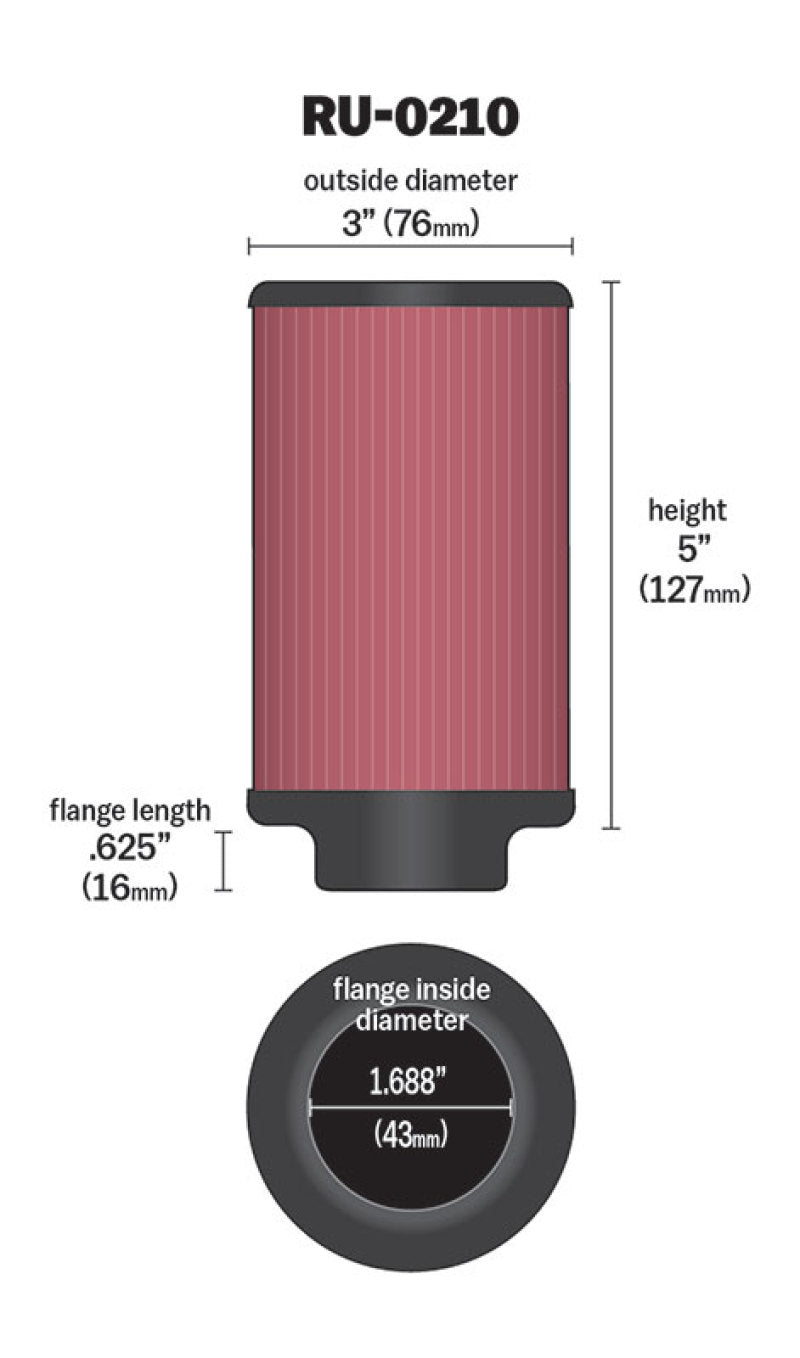 K&amp;N Filter Universal Rubber Filter 1-11/16in FLG / 3in OD / 5in Height - RU-0210