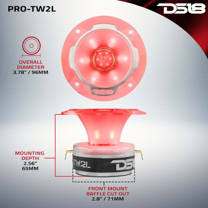 DS18 3.8in Super Bullet Tweeter 240 Watts RMS 1in Aluminum Vc 4 ohm RGB LED Lights- Pair - PRO-TW2L - close-up view