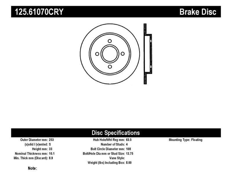 StopTech +14 Ford Fiesta ST  Cryo-Stop Premium Rear Rotor - 125.61070CRY