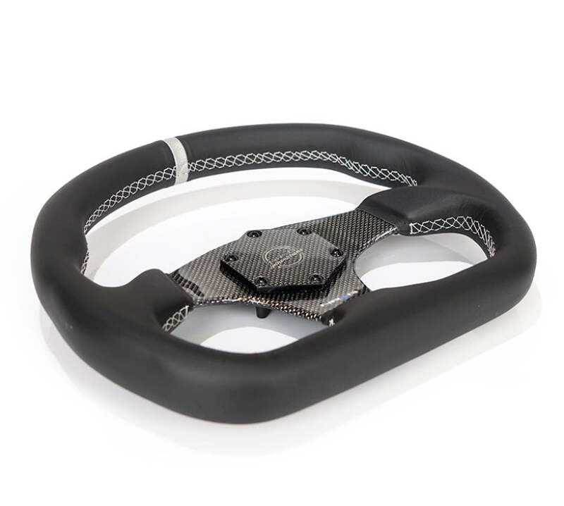 NRG Carbon Fiber Flat Bottom Steering Wheel (320mm) Silver CF Center w/Silver Stitch/Center Mark - RST-024CF/SL - close-up view 2 3 4