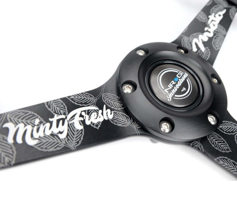 NRG Reinforced Black Perforated Leather Steering Wheel 350mm / 1.5in Deep w/ Goal Digger Blk Stitch - RST-037MB-BGD-R - close-up view 2 3 4 5