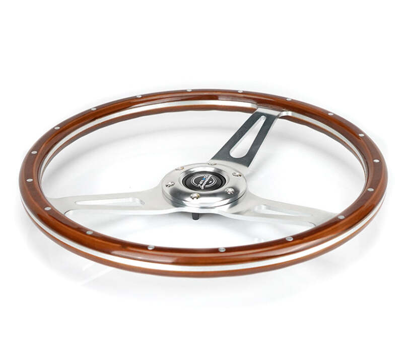 NRG Reinforced Steering Wheel (360mm) Dark Wood Grain w/Chrome 3-Spoke Center - RST-363SL - close-up view 2