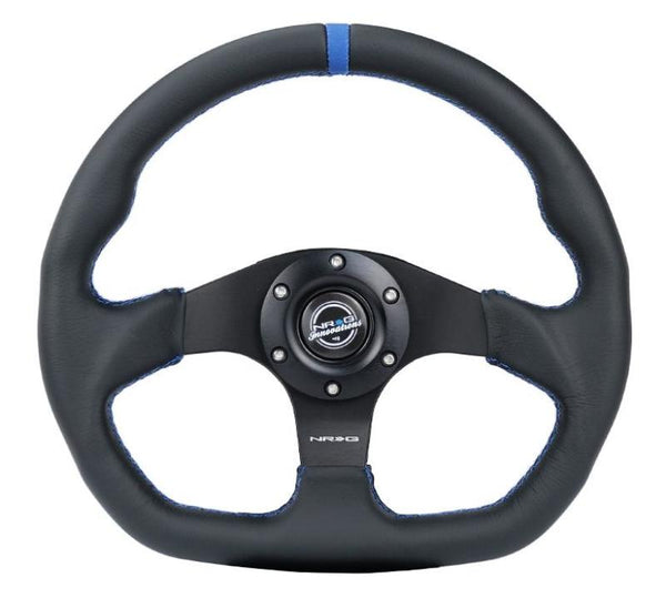 NRG Reinforced Steering Wheel (320mm) Sport Leather Flat Bottom w/ Blue Center/ Blue Stitching - RST-024MB-R-BL - front view