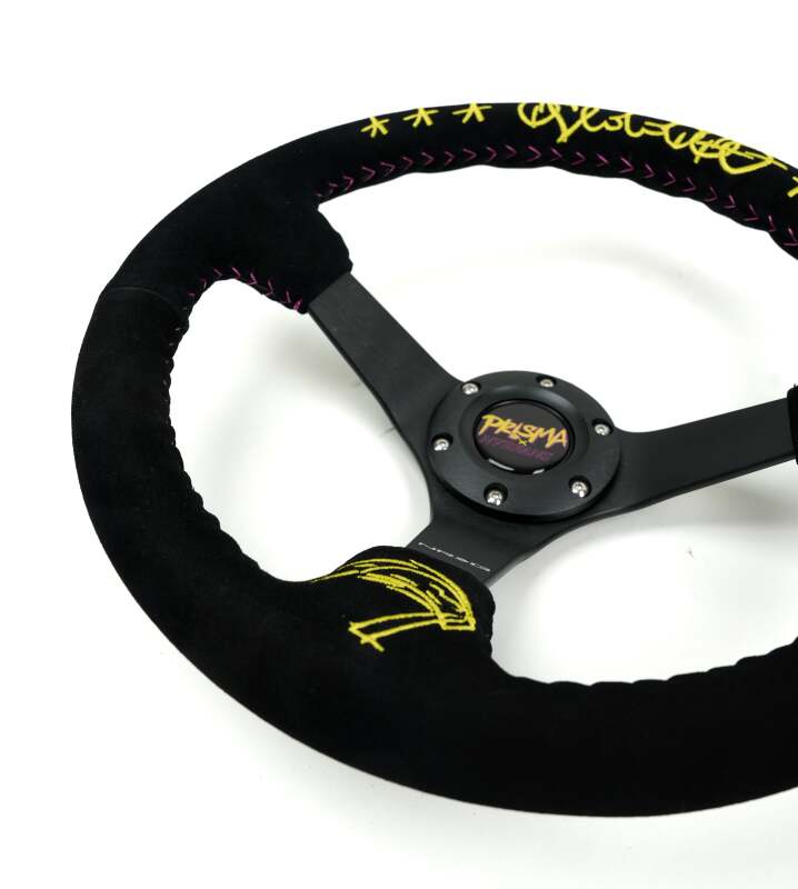 NRG Reinforced Black Perforated Leather Steering Wheel 350mm / 3in Deep w/ NVR Embroidery - RST-036MB-S-NVR - close-up view 2