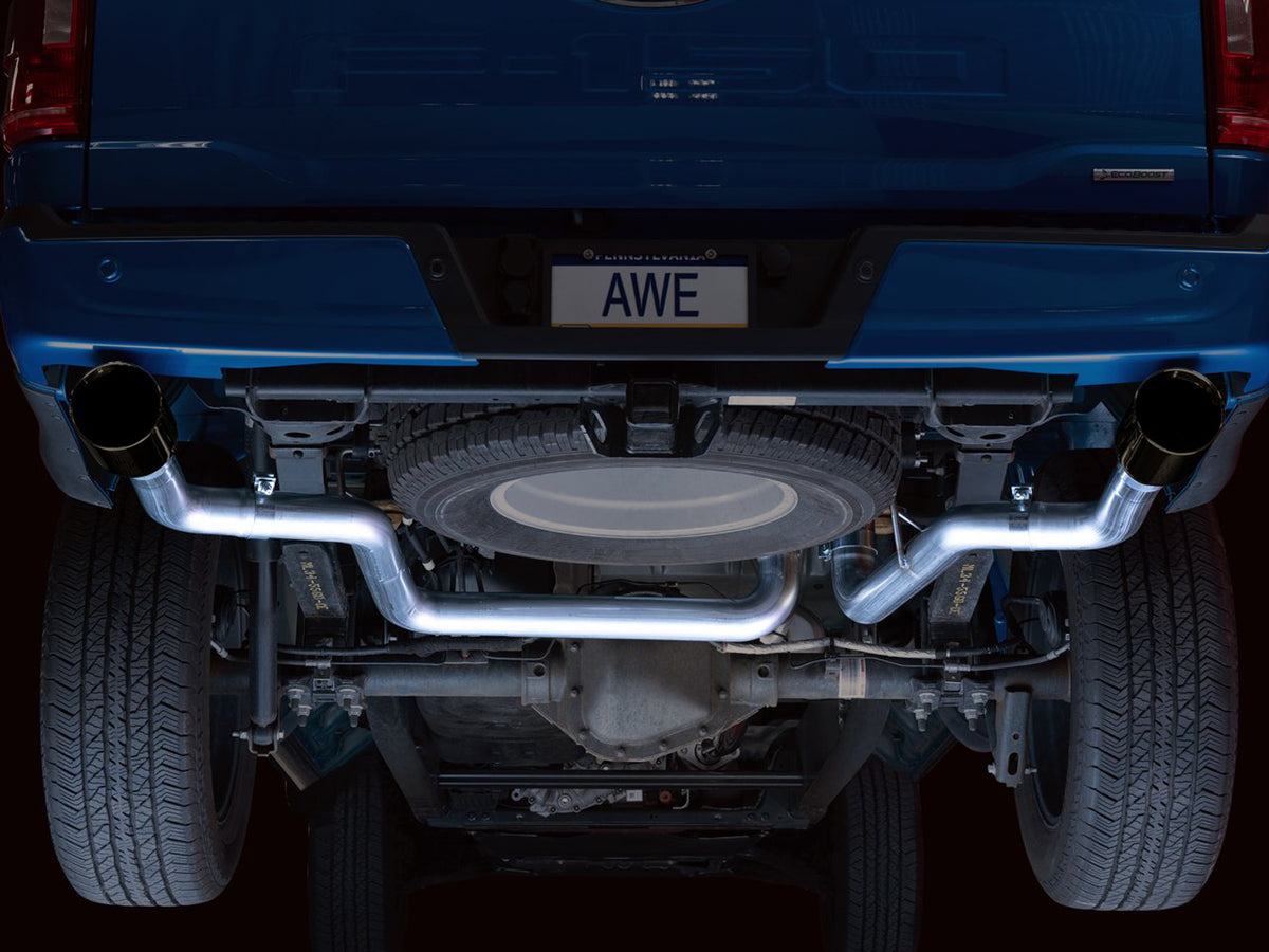 AWE 0FG 21+ Ford F150 Dual Split Rear Cat-Back Exhaust- 5in Diamond Black Tips - 3015-33119
