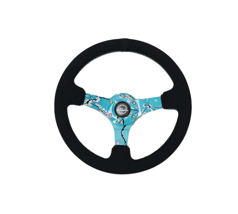 NRG Reinforced Suede Steering Wheel (350mm / 3in. Deep) Hydro Dipped Blossom Floral w/ Teal Stitch - RST-036BLOSSOM-S - front view