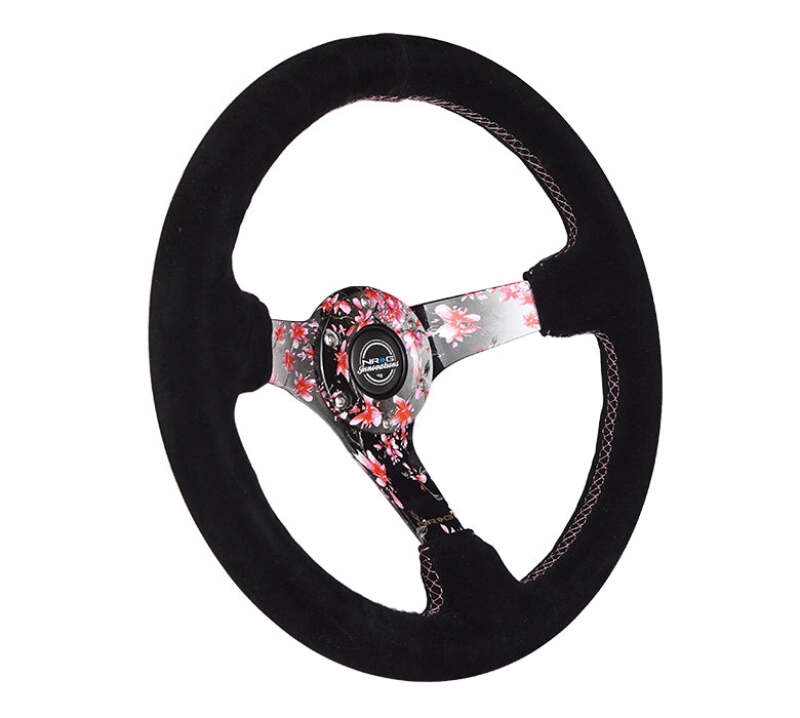 NRG Reinforced Steering Wheel (350mm) 3in Deep Pink Sakura Floral Solid Spoke - Black Suede/Stitch - RST-036SAK-S - close-up view 2