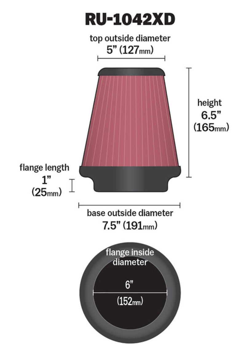 K&amp;N Universal Clamp-On Air Filter 6in FLG / 7-1/2in B / 5in T / 6-1/2in H - RU-1042XD