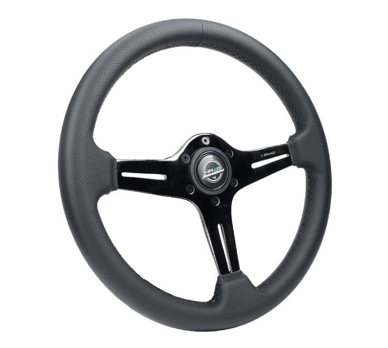 NRG Light Weight Gaming Steering Wheel - 350mm 3 Black Chrome Silver Spokes Perforated Leather - ST-018BC-PR - close-up view 2 3