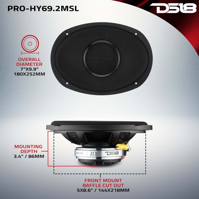 DS18 6x9 175 Watts RMS 2ohm Mid-Range Shallow Grill Included - PRO-HY69.2MSL - additional view 5